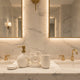 4-piece Nordic ceramic bathroom accessories set with soap dispenser, toothbrush holder, tumbler, and vanity tray for modern bathroom decor.