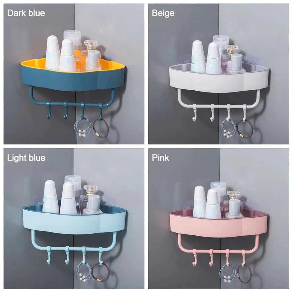 Bathroom corner shelf wall-mounted storage rack with punch-free installation for organizing shampoo, soap, skincare products, and bathroom essentials.