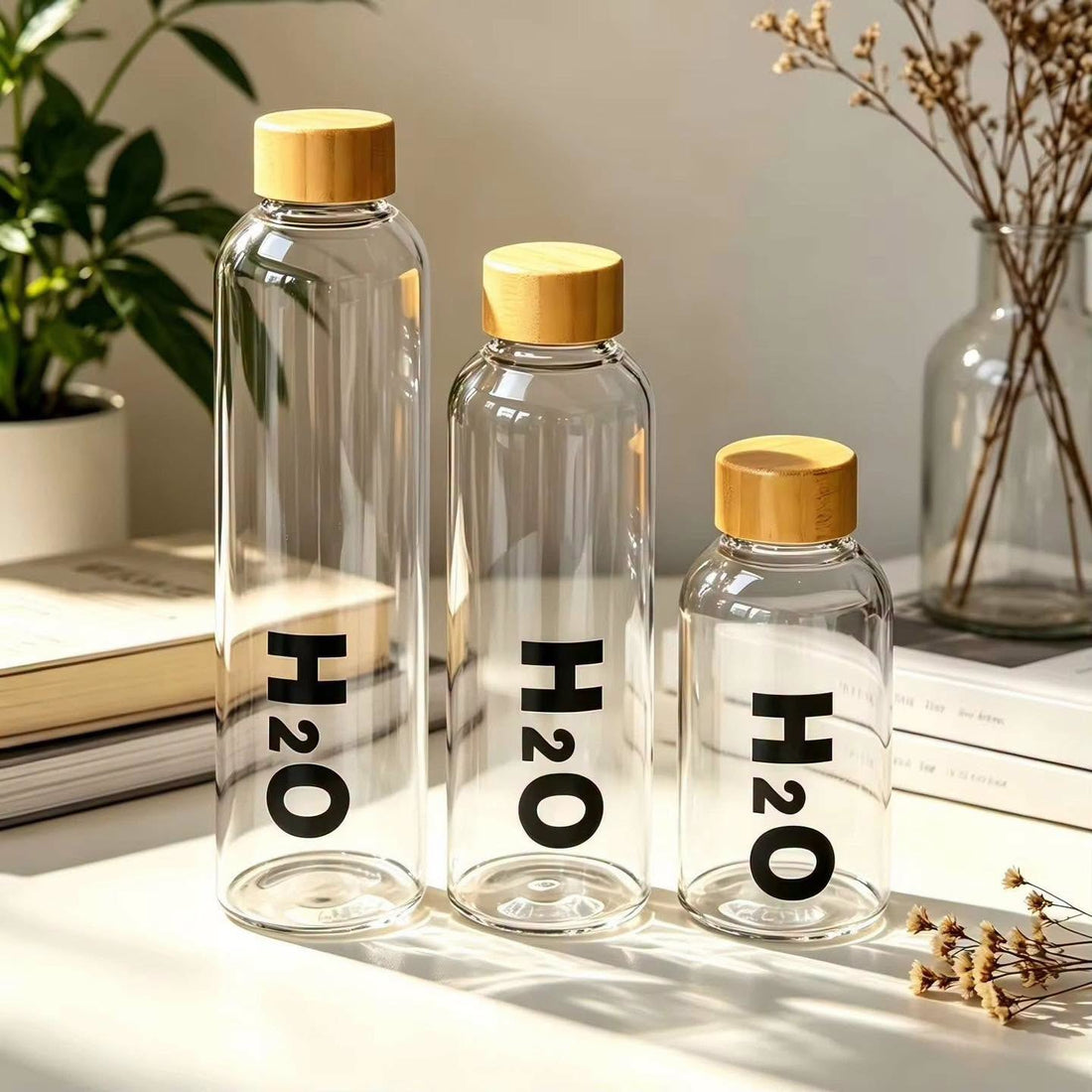Three clear glass water bottles of different sizes with light wood caps and black 'H2O' lettering, arranged on a tabletop with books and dried flowers in a softly lit indoor setting.