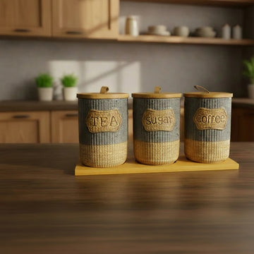 Ceramic Tea Coffee Sugar Canister Set with Wooden