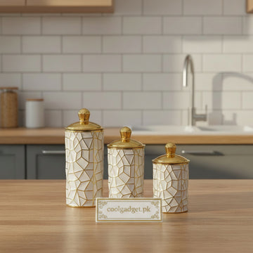 3 Pcs Geometric Luxury Airtight Jar Set – White & Gold