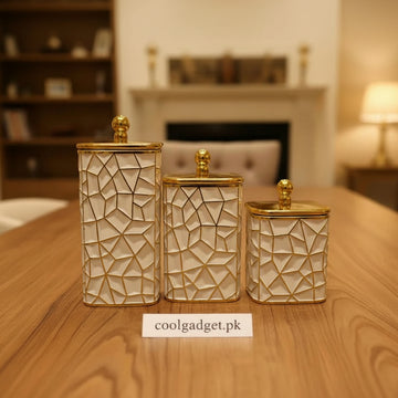 3-Piece Geometric Airtight Storage Jar Set (Luxury White & Gold)