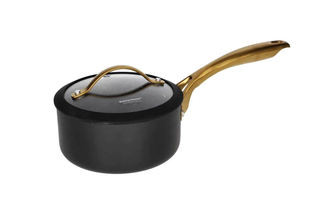 Danny Home Premium Non-Stick Forged Aluminum Saucepan with Tempered Glass Lid (Gold Handle Series) 
