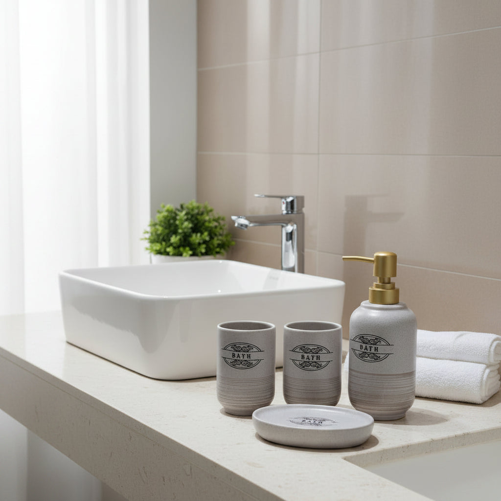 Elegant 4-piece ceramic bathroom accessory set with soap dispenser, toothbrush holder, tumbler, and vanity tray for modern bathroom organization.