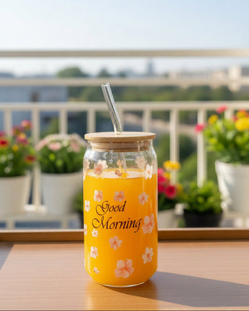 Floral Bloom Glass Tumbler with Bamboo Lid & Straw - Coolgadget.pk