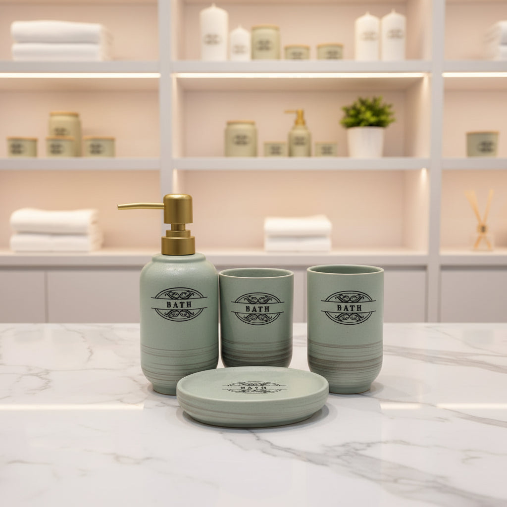 Luxury ceramic bathroom accessories set featuring a soap dispenser, toothbrush holder, tumbler, and matching tray for stylish bathroom decor.