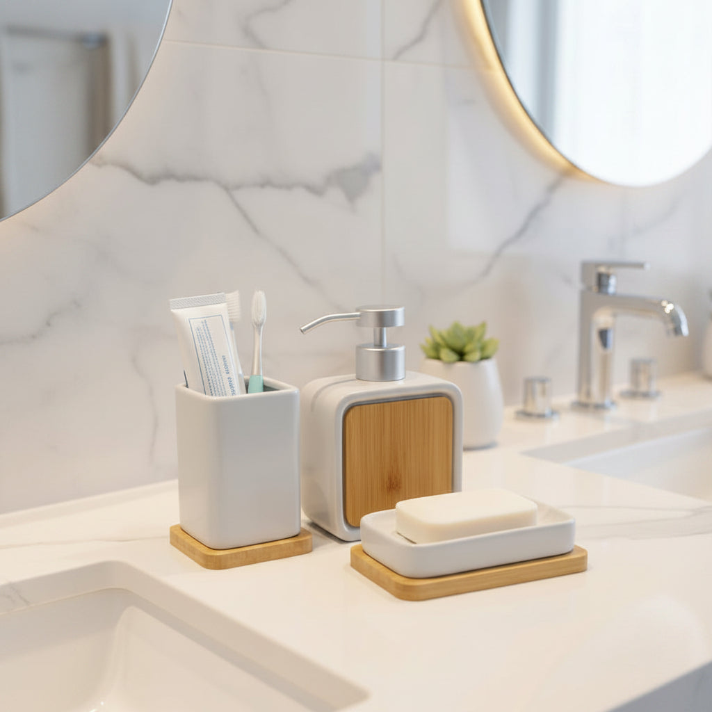 Luxury minimalist 3-piece bathroom accessory set with bamboo accents including soap dispenser, toothbrush holder, and tumbler for modern bathroom decor.