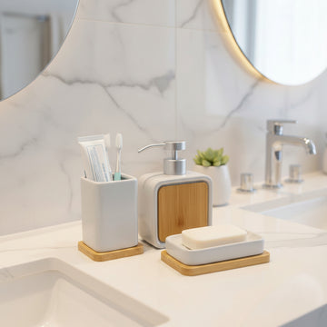Luxury minimalist 3-piece bathroom accessory set with bamboo accents including soap dispenser, toothbrush holder, and tumbler for modern bathroom decor.
