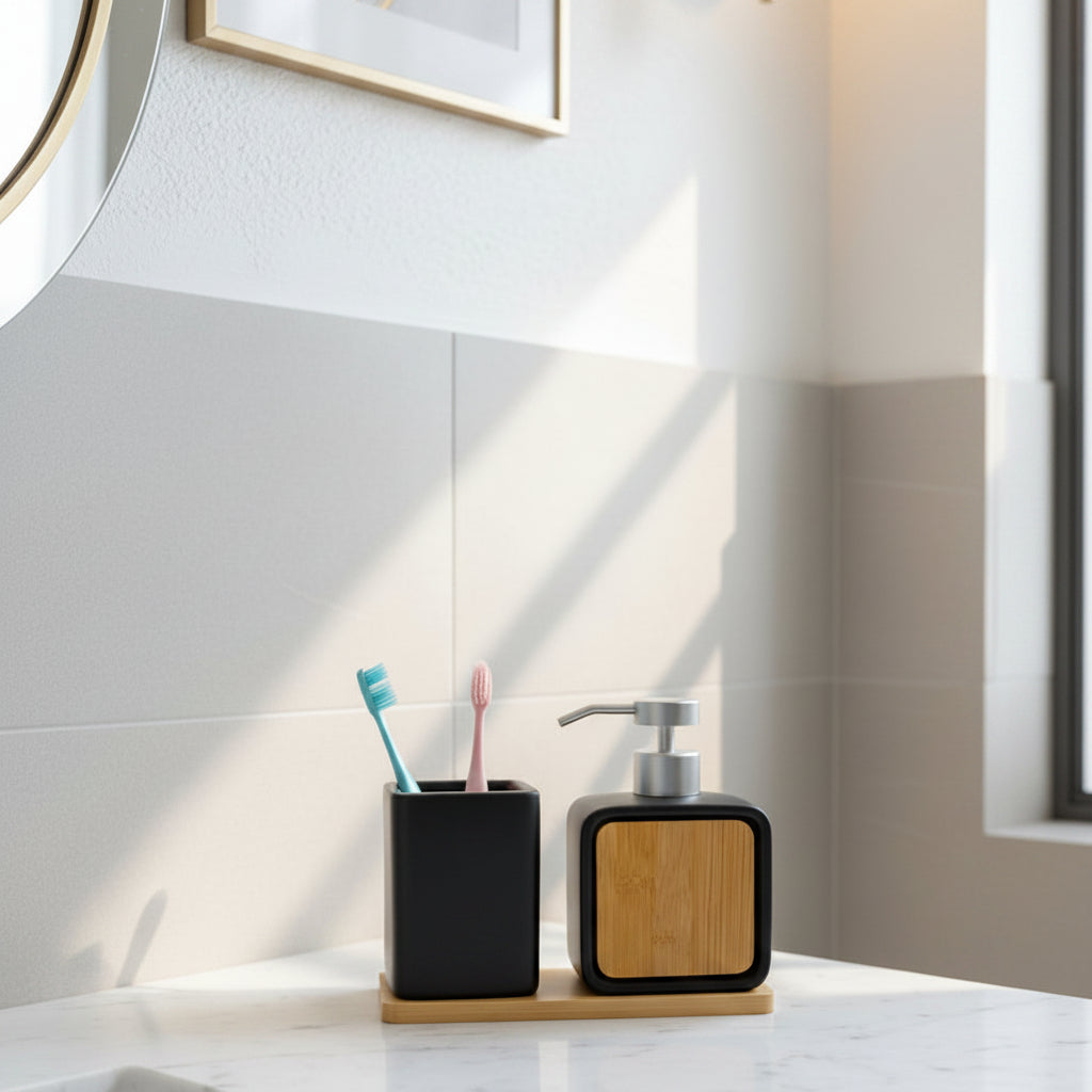 Luxury minimalist 3-piece bathroom accessory set with bamboo accents including soap dispenser, toothbrush holder, and tumbler for modern bathroom decor.