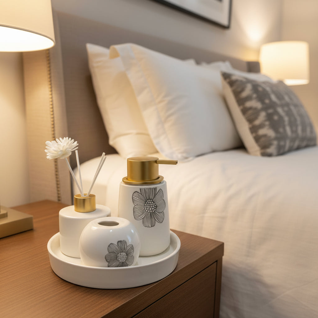 Modern ceramic bathroom accessories set featuring a soap dispenser, toothbrush holder, tumbler, and vanity tray for stylish bathroom decor.