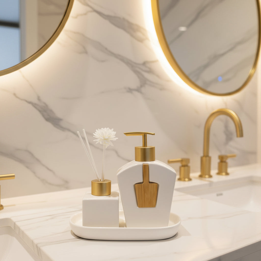 Modern minimalist porcelain vanity and diffuser set with soap dispenser, toothbrush holder, tumbler, reed diffuser, and tray for elegant bathroom decor.