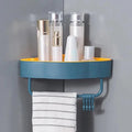 Multipurpose wall-mounted corner shelf storage rack with drill-free installation for bathroom and kitchen organization, space-saving storage solution.