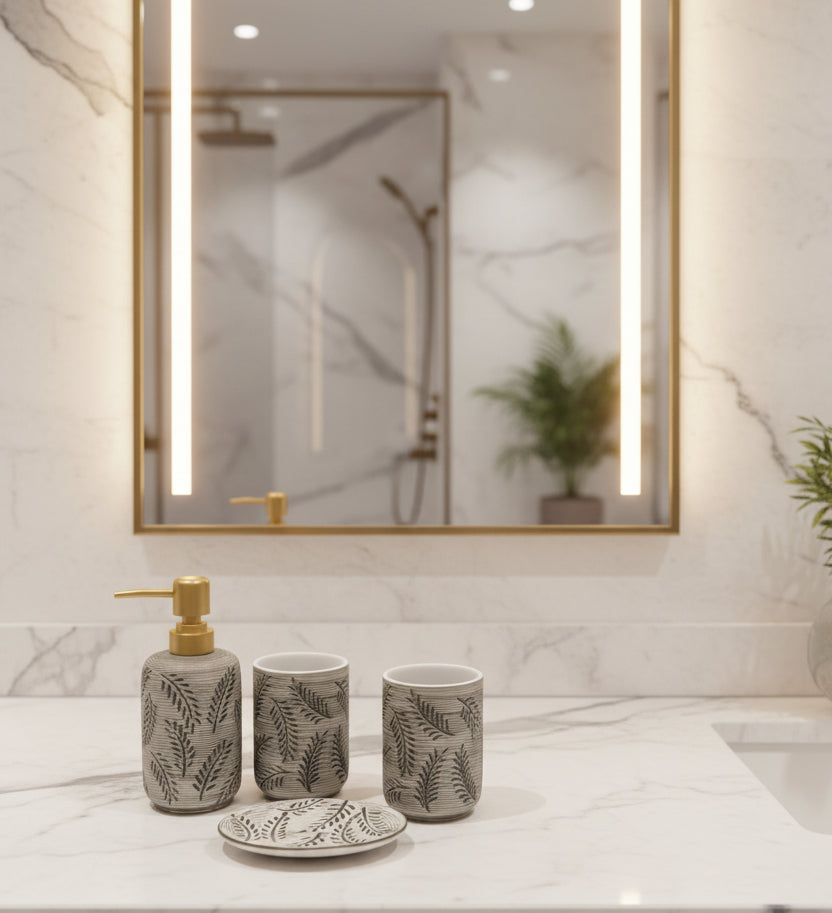 Premium 4-piece ceramic bathroom accessory set with textured leaf pattern including soap dispenser, toothbrush holder, tumbler, and vanity tray for modern bathroom decor.