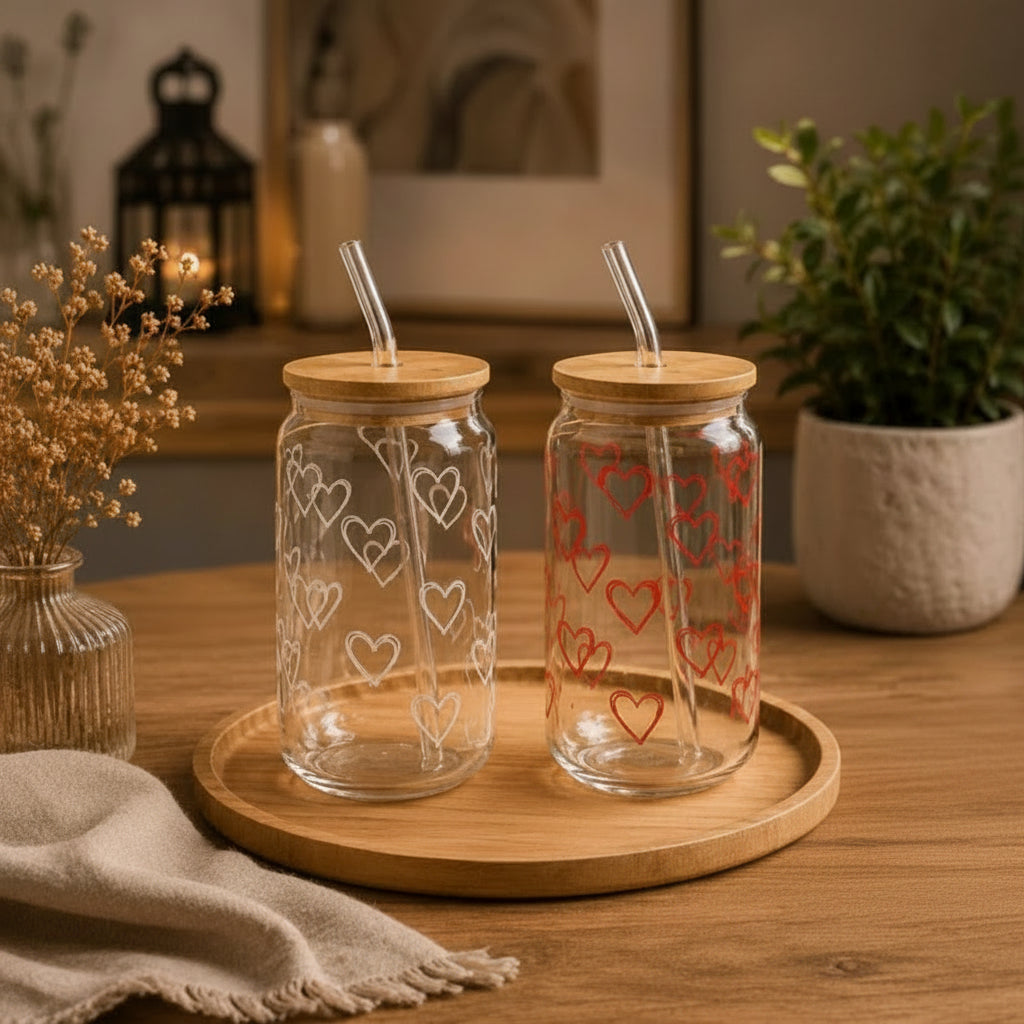 Premium Heart Print Glass Tumbler with Bamboo Lid & Glass Straw
