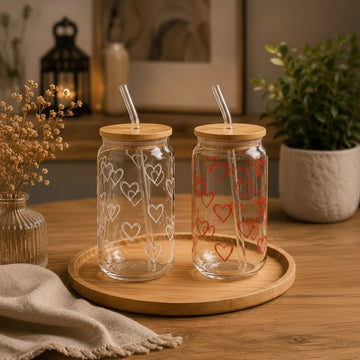 Premium Heart Print Glass Tumbler with Bamboo Lid & Glass Straw