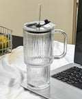 Stylish 750ML borosilicate glass tumbler with leak-proof lid and reusable straw, durable drinking cup for coffee, juice, smoothies, milk, and water.