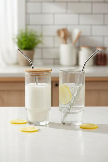 Transparent Strip Glass Cup With Bamboo Lid