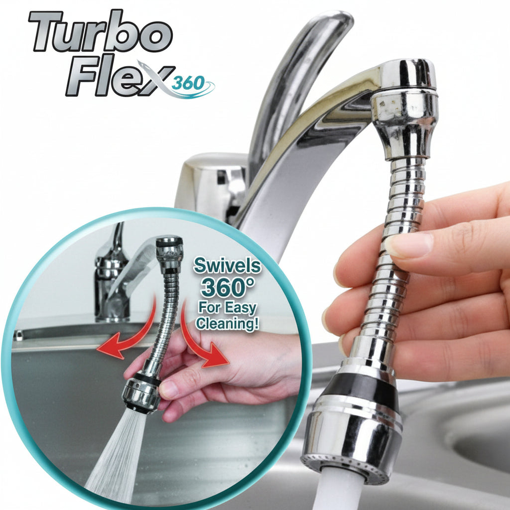 Turbo Flex 360-degree rotatable flexible faucet sprayer attachment for kitchen sink tap with adjustable water flow and splash-proof design.