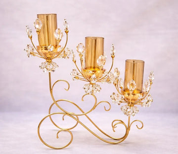 Elegant 3-Piece Crystal Candle Stand (Gold Finish)