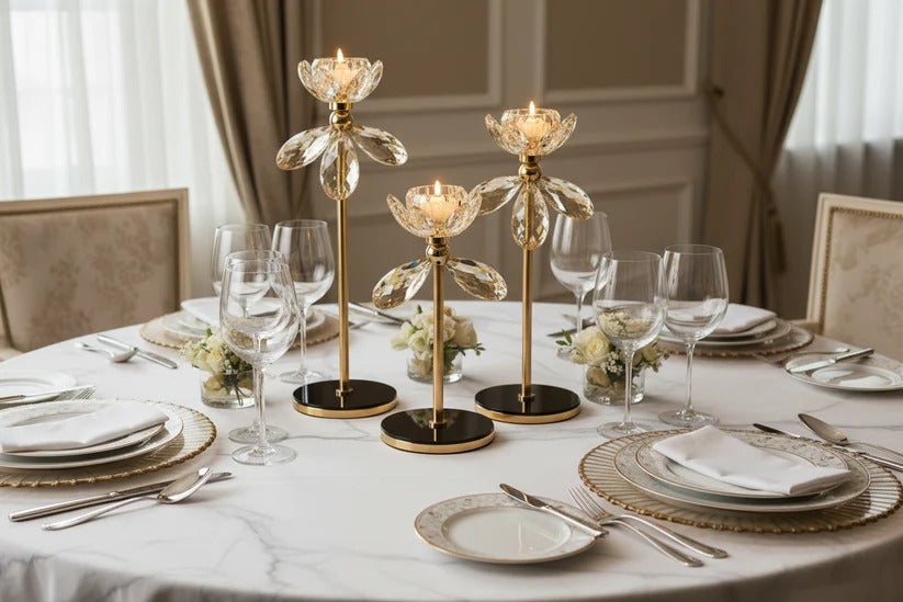 Luxury Crystal Flower Candle Stand – Set of 3