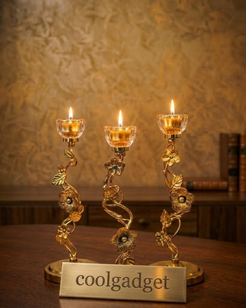 Elegant Floral Metal & Glass Candle Stand Set (3 Pcs)