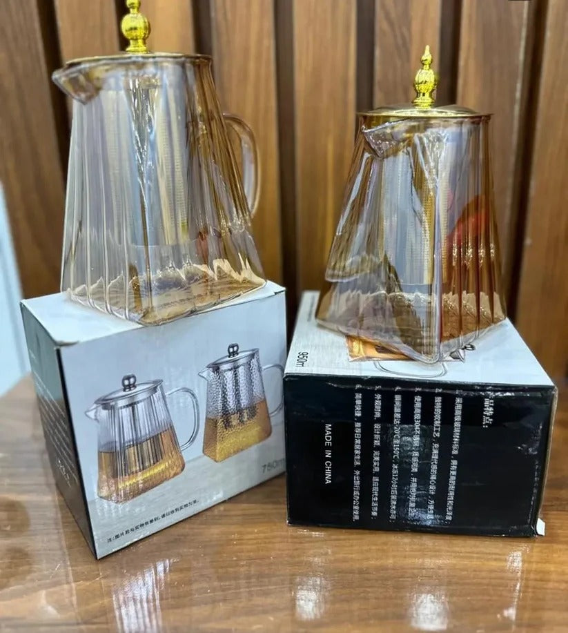 Premium Amber Glass Tea Kettle with Golden Infuser & Lid