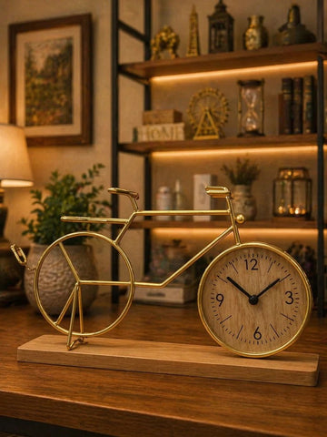 Vintage Bicycle Table Clock with Wooden Base