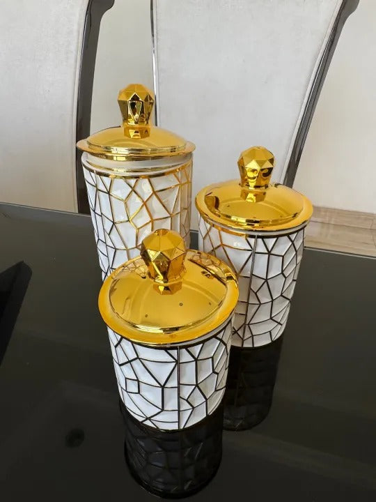 3 Pcs Geometric Luxury Airtight Jar Set – White & Gold