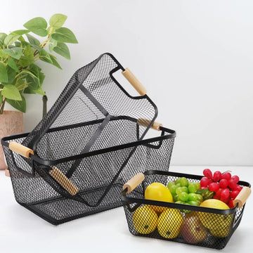 Modern Mesh Storage Basket with Wooden Handles