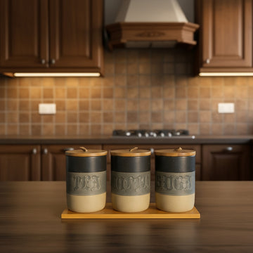 Ceramic Tea Coffee Sugar Canister Set with Wooden Lids