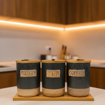 Ceramic Tea Coffee Sugar Canister Set with Wooden Lids