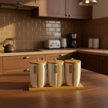 Ceramic Tea Coffee Sugar Canister Set with Wooden Lids