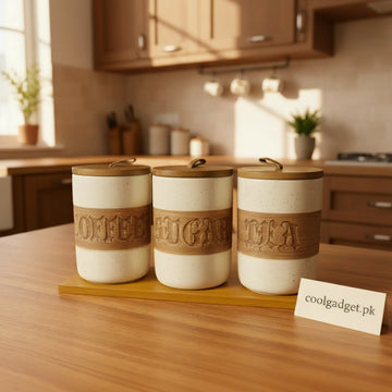 Ceramic Tea Coffee Sugar Canister Set with Wooden Lids
