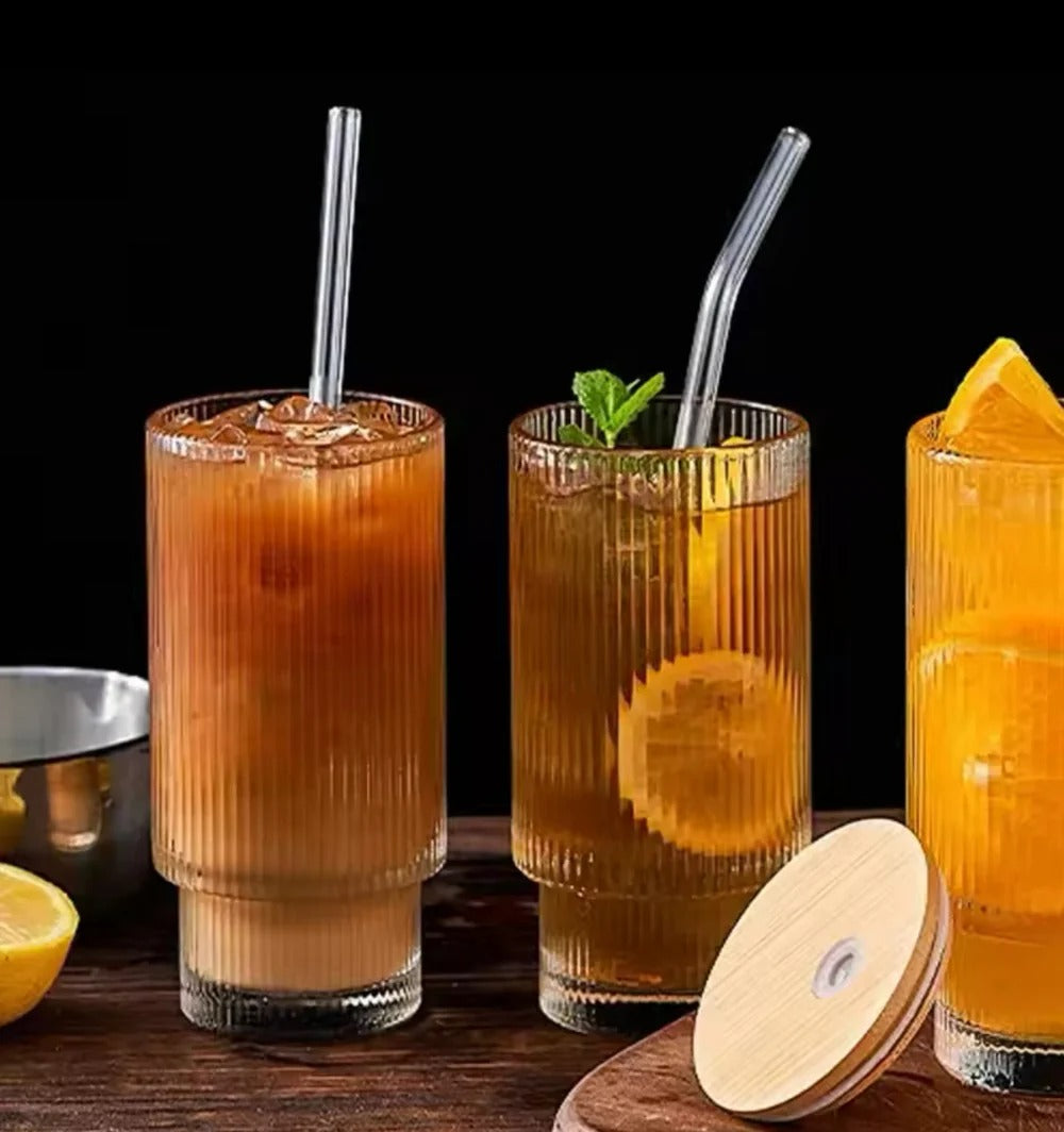 Transparent Strip Glass Cup With Bamboo Lid