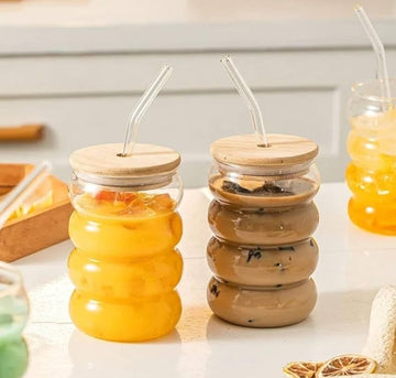 Bubble Shape Coffee Glass With Lid & Straw
