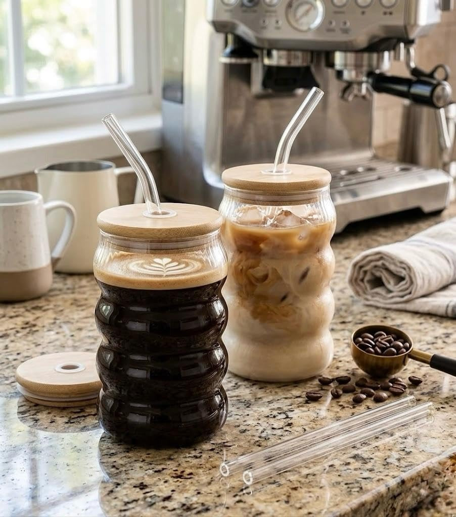 Bubble Shape Coffee Glass With Lid & Straw