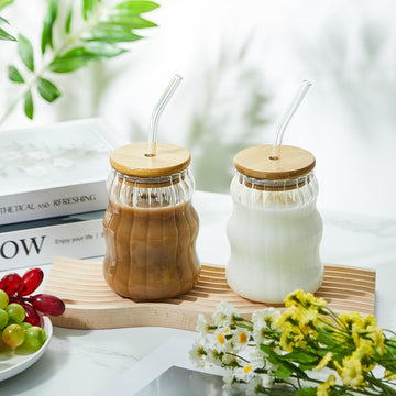Striped Drinking Glass Jars With Bamboo Lids 450ml