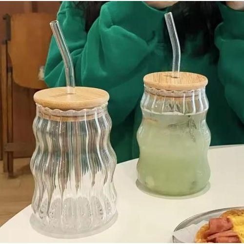 Striped Drinking Glass Jars With Bamboo Lids 450ml