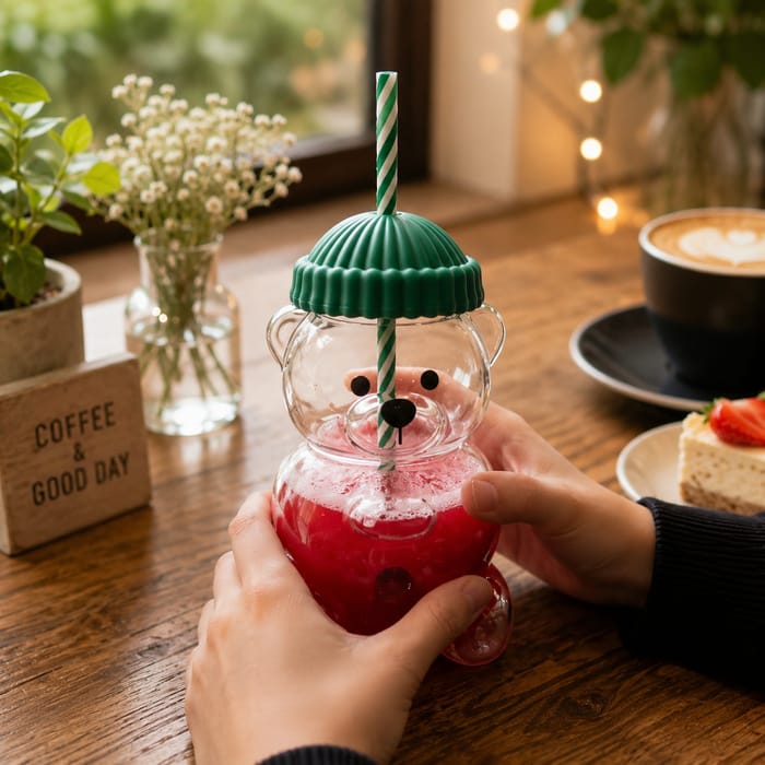 Bear drinking cup with lid and straw