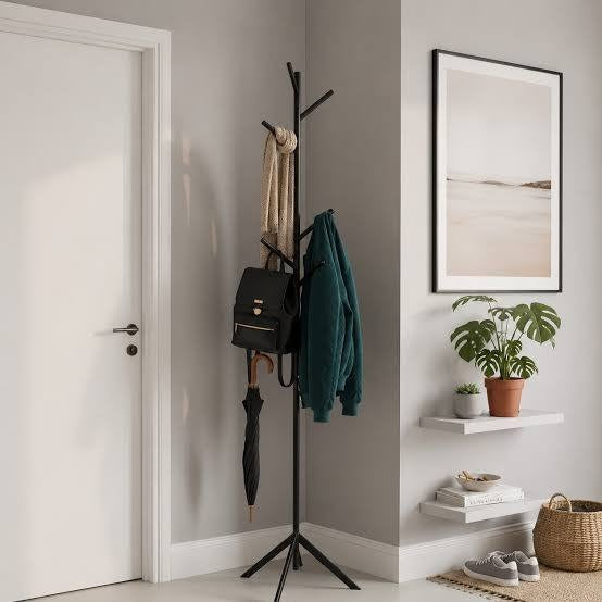 Modern freestanding metal coat rack and garment organizer