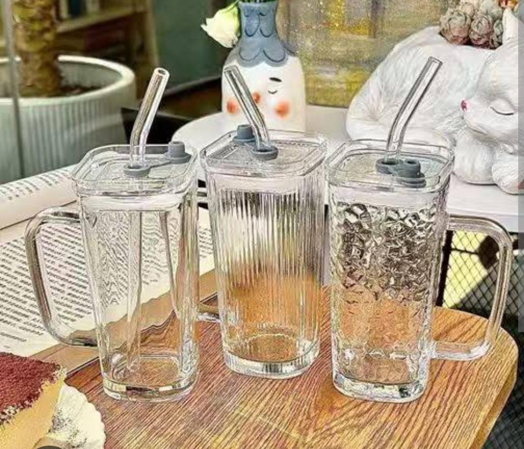 Drinking Jar Glass Sipper with Handle, Straw & Lid 250ML
