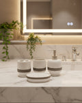 Luxury ceramic bathroom accessories set with matching vanity tray for organizing soap, toothbrushes, and bathroom essentials.