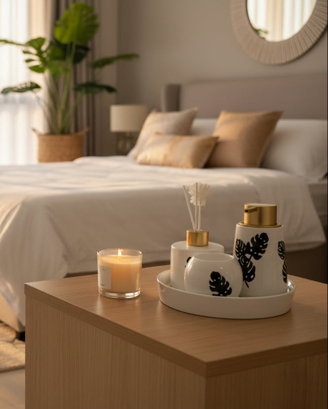 Ceramic bathroom vanity set with Monstera leaf design, soap dispenser, tumbler, toothbrush holder, and aroma diffuser.
