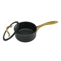 Danny Home Gold Handle Series non-stick saucepan with durable forged aluminum body and glass lid.