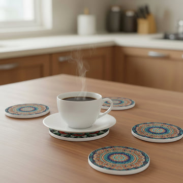 Danny Home porcelain Bohemian design coaster 10cm for coffee mugs, tea cups, and drink glasses.