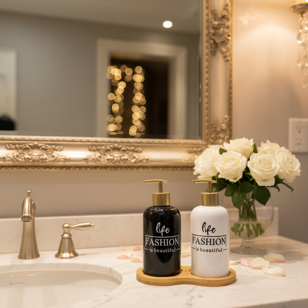 Luxury glass soap and lotion dispenser set with bamboo tray for modern bathroom and kitchen countertop organization.