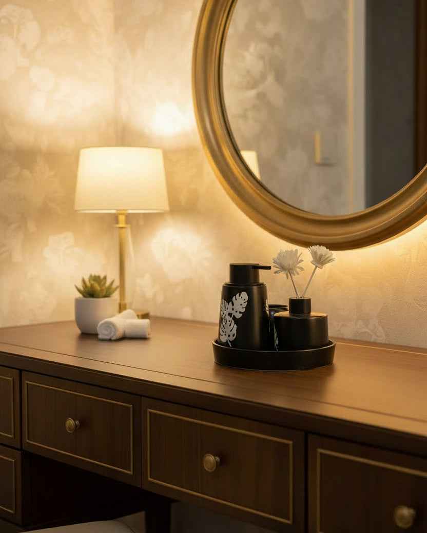 Monstera ceramic bathroom and aroma vanity set BP-14 with soap dispenser, toothbrush holder, tumbler, reed diffuser, and vanity tray.