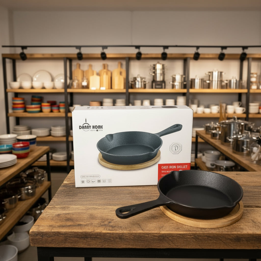 Premium mini cast iron skillet with bamboo serving base for restaurants, home kitchens, and food presentation.