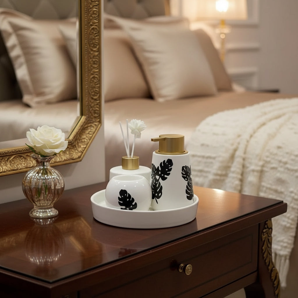 Monstera ceramic bathroom and aroma vanity set BP-14 with soap dispenser, toothbrush holder, tumbler, reed diffuser, and vanity tray.