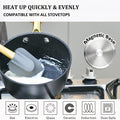 Non-stick forged aluminum saucepan with tempered glass lid for kitchen cooking and daily meal preparation.